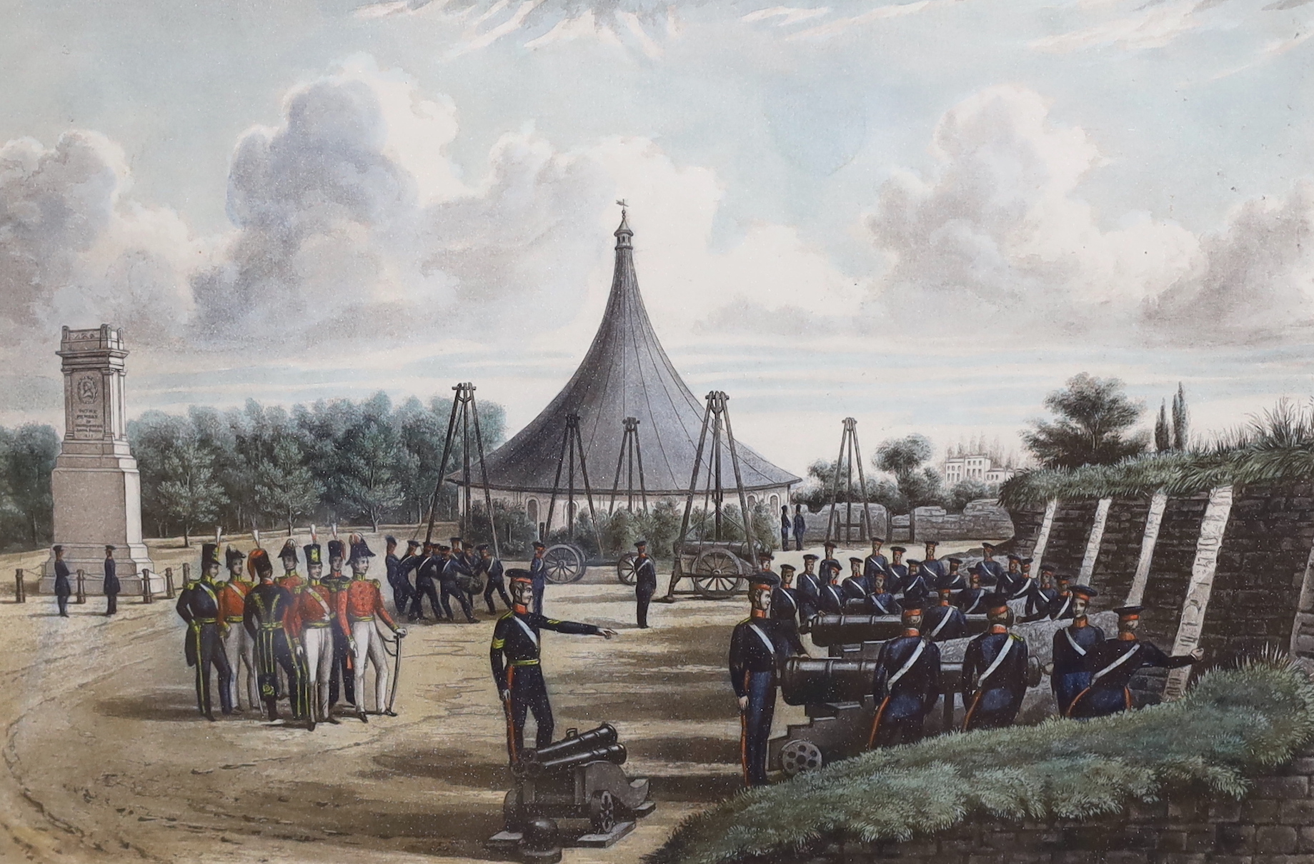 Two 19th century military colour engravings, comprising Rocket practice in the marshes, published by J. Grant, Woolwich, 1845 and Royal Artillery Repository Exercises, 1844, largest 31 x 43cm